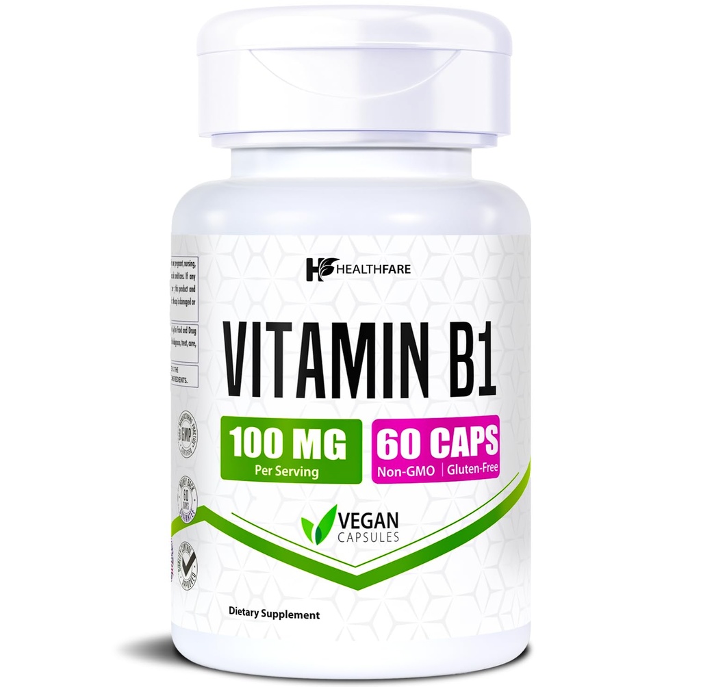 Santé Vitamine B1 100mg.60 Capsules Le supplément de thiamine soutient la santé globale.