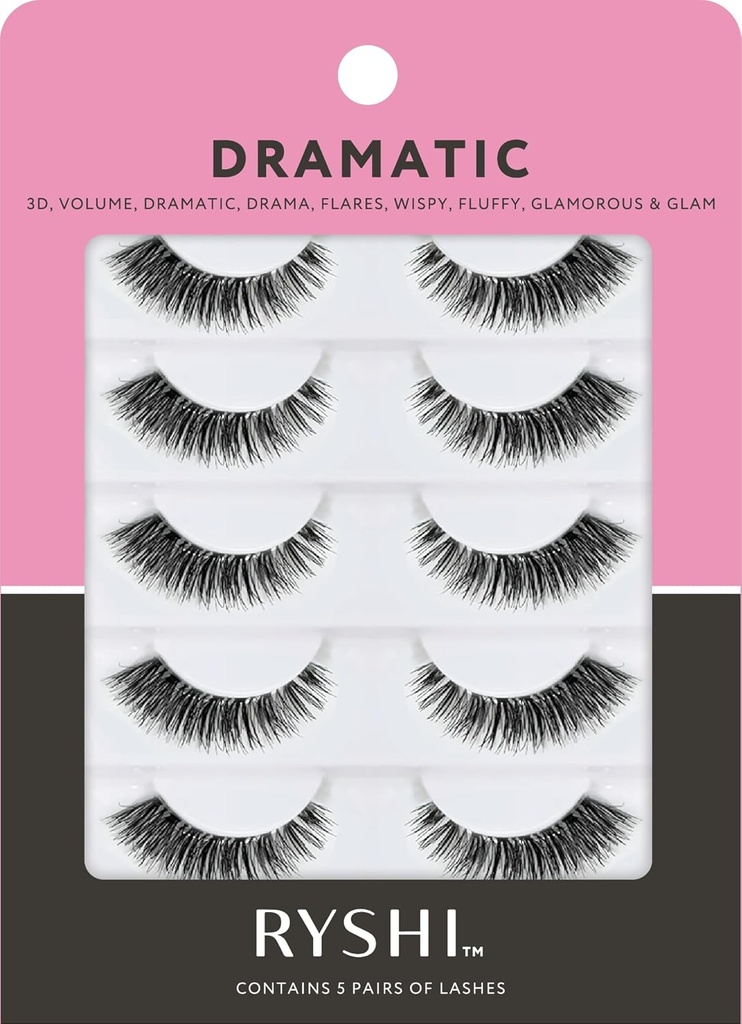 Ryshi False Eyelashes with 5 Pairs, Dramatic Look with Self-adhesive and Reusable Lash Set, Enhance Natural Beauty for Extra Volume
