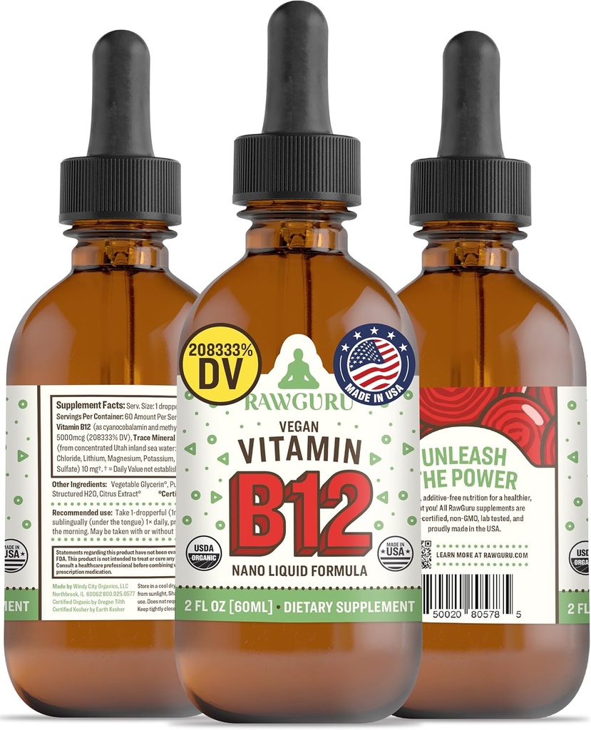 RawGuru Vitamine B12 Liquid Supplement - Organic Vegan Liquid B12 avec Trace Minerals - Nano-processed Antioxydant & Supplément de soutien immunitaire Teinture - 60 portions de gouttes végétaliennes par 60 ml, paquet de 1