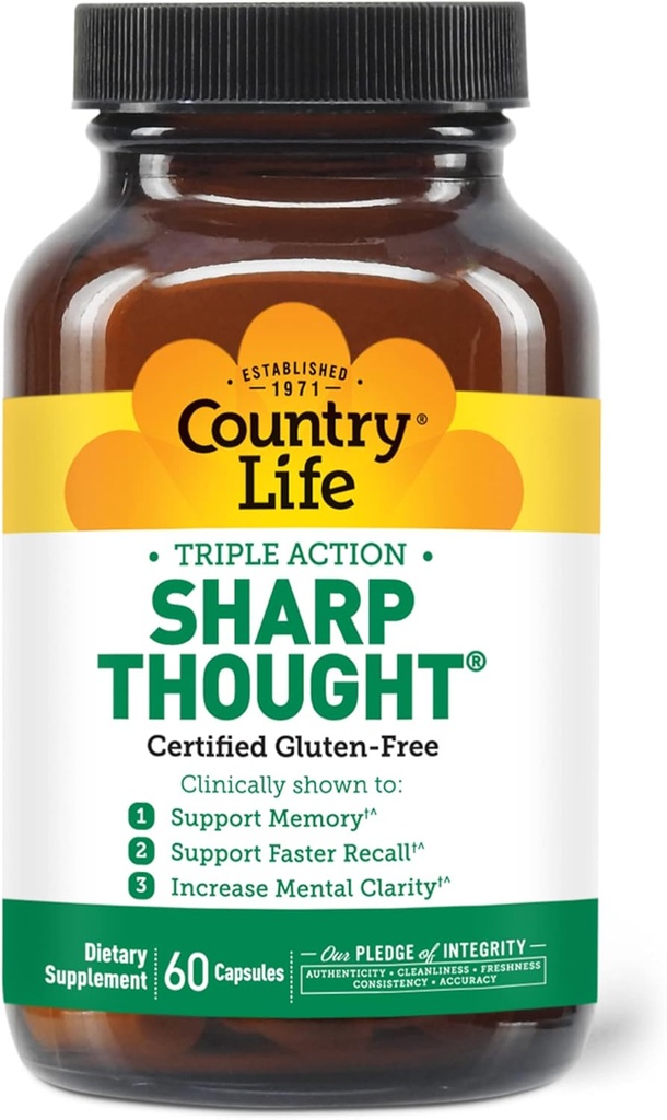 Country Life Sharp Thought - Memory & Cognitive Support Supplement – Sharp-PS Gold Phosphatidylserine + DHA – Promotes Mental Clarity & Faster Recall – Gluten-Free, 60 Capsules