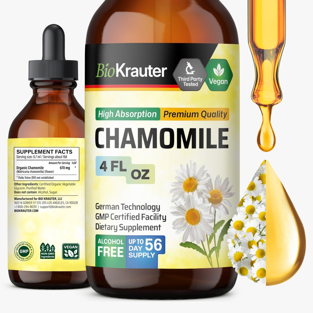 BIO KRAUTER Teinture de camomille - Extrait de camomille - Supplément pour la détente et le calme Support - Sans alcool et sans sucre - gouttes végétaliennes 4 Fl.Oz.