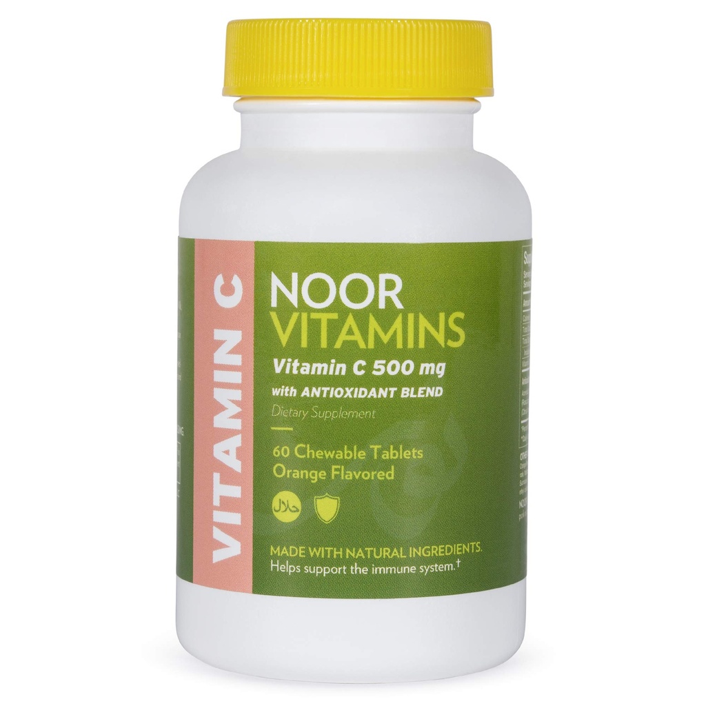 Noor Vitamines 500 MG Halal Vitamine C Comprimés à mâcher + Rose HIPS et Antioxydants I Supports Système immunitaire I Vitamine végétale, sans gluten et halal 60 Comprimés à mâcher aromatisés à l'orange I 2 mois