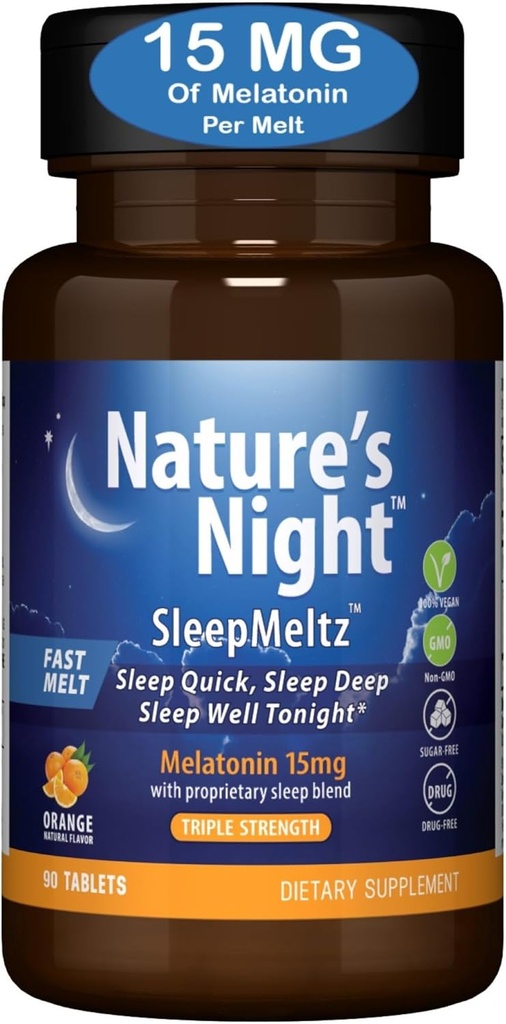 Nature's Night Triple Strength Dissolve rapide Melatonin 15mg avec mélange de soutien