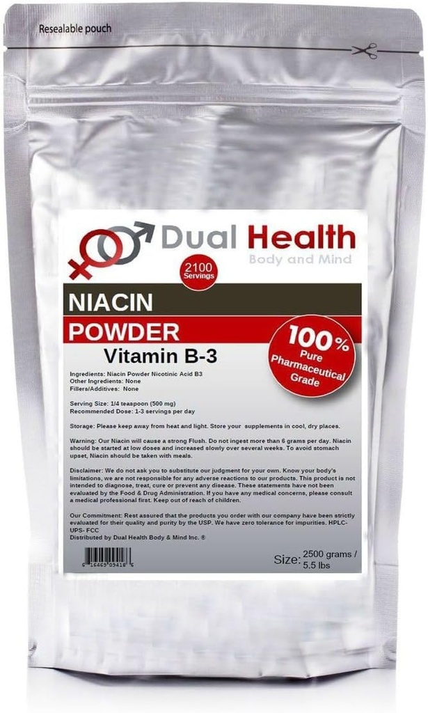 Poudre de niacine (5,5 lb - 2,5 kg) Supplément en vrac de vitamine B3 Libération immédiate avec acide nicotinique flush Non-OGM, végétalien, sans gluten Absorption rapide Pas de remplissage, additifs, métaux