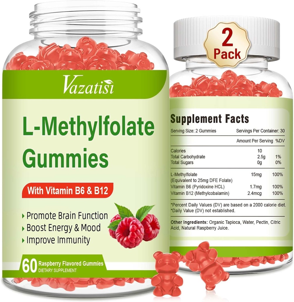 L-méthylfolate 15 mg Gommies avec du méthyl B12, supplément de folate pour l'humeur, santé du cerveau, soutien immunitaire, parfum de framboise, 120 comte