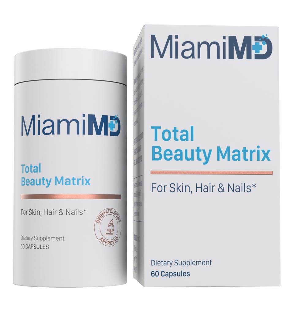 MiamiMD Total Beauty Matrix Collagen Suppléments pour femmes - Capsules de collagène avec vitamine C pour cheveux, peau et ongles - Sans cruauté - 60 Capsules