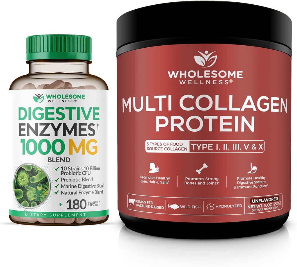 Enzymes digestives saines Bien-être Supplément prébiotiques et probiotiques 1000MG + poudre protéique multicollagène hydrolysée (type I II III V X)