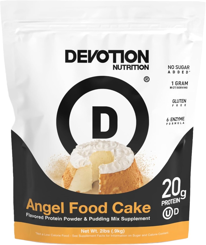 Devotion Nutrition Protéine Poudre Angel Food Cake – 20g Whey Isolate & Casein Protein Blend – Pas d'ajout de sucre, faible teneur en glucides, sans gluten, céto-friendly, 1g MCT, casher – 2lb Pouch