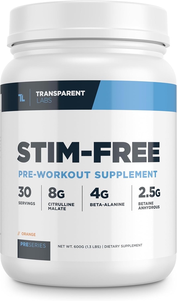 Transparent Labs Stim-Free Pre-Workout - Caféine & Stim Free Pre Workout Poudre pour hommes et femmes avec Beta Alanine Powder, Citrulline Malate, & elevATP - 30 portions, Orange