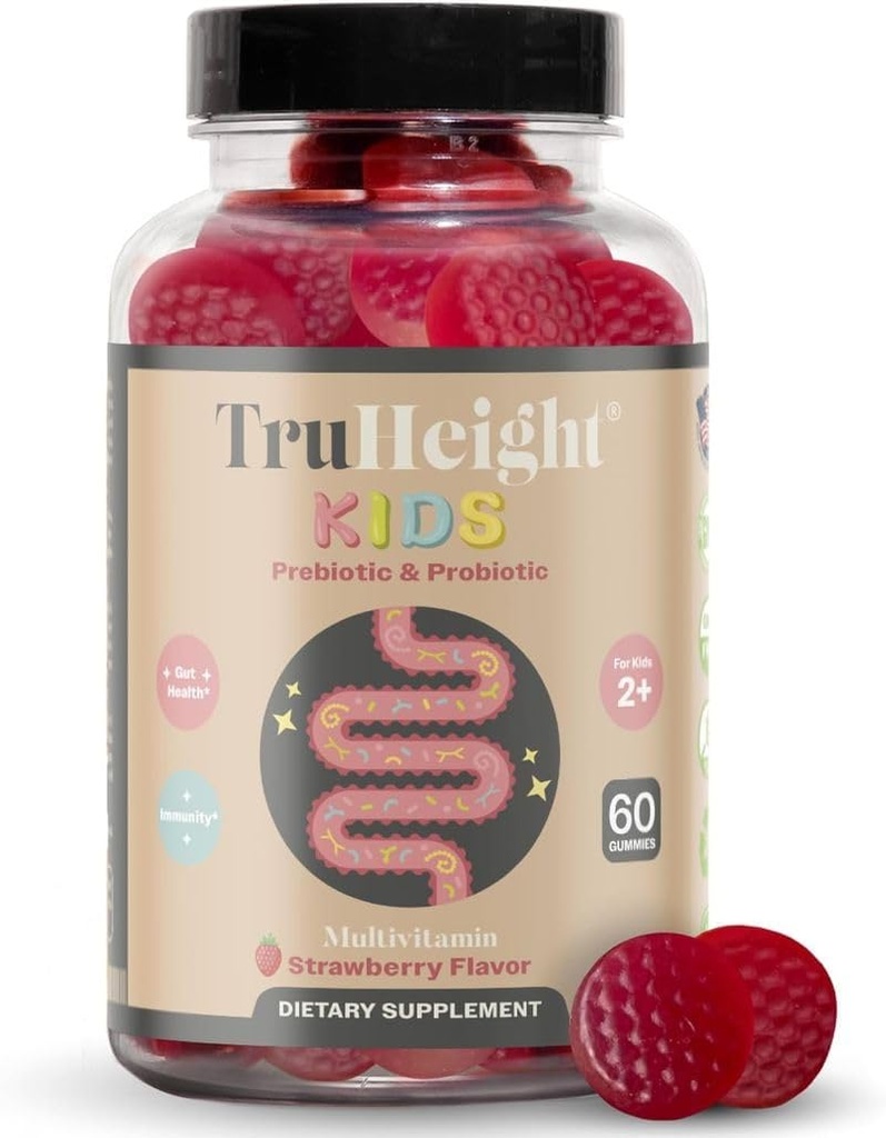 TruHeight Kids Prebiotic & Probiotic Gummies Ages 2+ (Strawberry Flavor) Toddlers & Kids All Natural Gut Health, Enzymes digestifs et Supplément de soulagement de la constipation - Vitamines recommandées pédiatriques