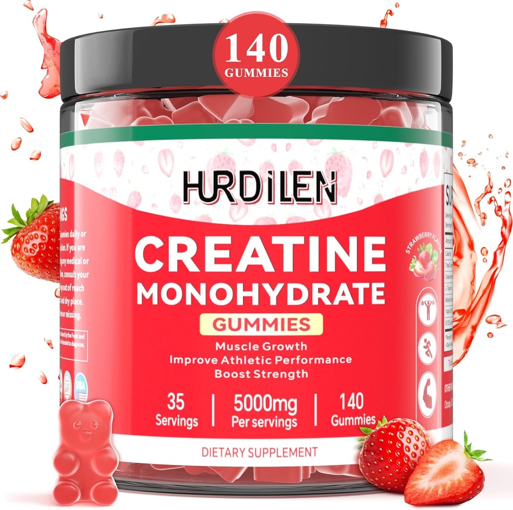 140 Count Créatine Monohydrate Gommies, 5000mg Créatine Monohydrate Pas de sucre Gommies pour les femmes et les hommes avec L-Taurine, Vitamine B12 pour la force musculaire, Récupération musculaire, Glute Builder, Energy Boost