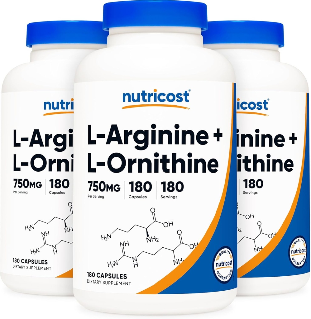 Nutricost L-Arginine L-Ornithine 750mg; 180 Capsules (3 bouteilles)