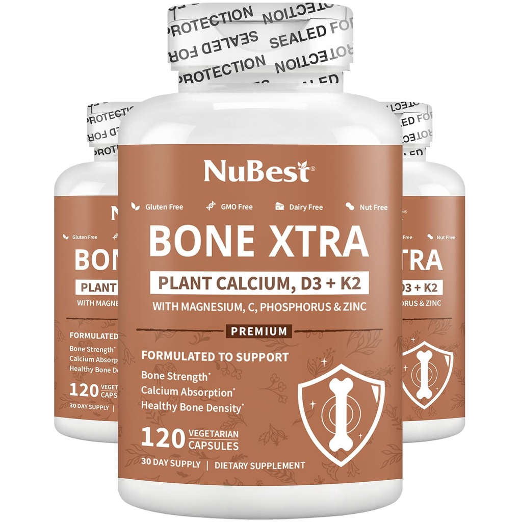 Bone Xtra - Vegan Bone Strength Formula for Stronger Bones, Calcium à base de plantes à partir d'algues marines, vitamines D3, vitamine K2, magnésium, phosphore et plus pour les adolescents, adultes - 3 mois d'approvisionnement
