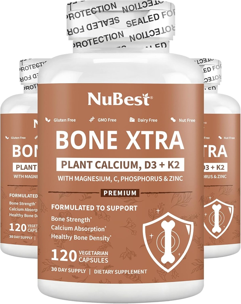 Bone Xtra - Vegan Bone Strength Formula for Stronger Bones, Calcium à base de plantes à partir d'algues marines, vitamines D3, vitamine K2, magnésium, phosphore et plus pour les adolescents, adultes - 3 mois d'approvisionnement