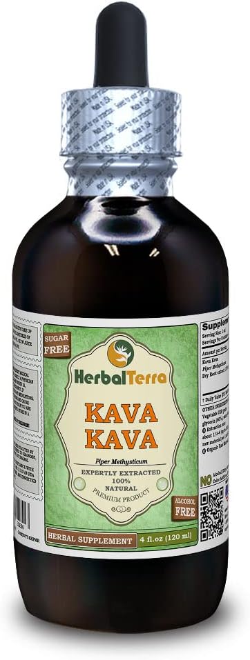 Kava Kava (Piper Methysticum) Glycérite, extrait liquide sans alcool séché (marque: HerbalTerra, fièrement fabriqué aux États-Unis) 4 fl.oz (120 ml)