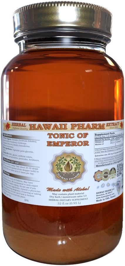 HawaiiPharm Shiitake, Maitake, Cordiceps, Reishi Liquid Extract, Organic Dried Shiitake, Maitake, Cordiceps, Reishi Tincture, Herbal Supplement, Made in USA, 32 fl.oz