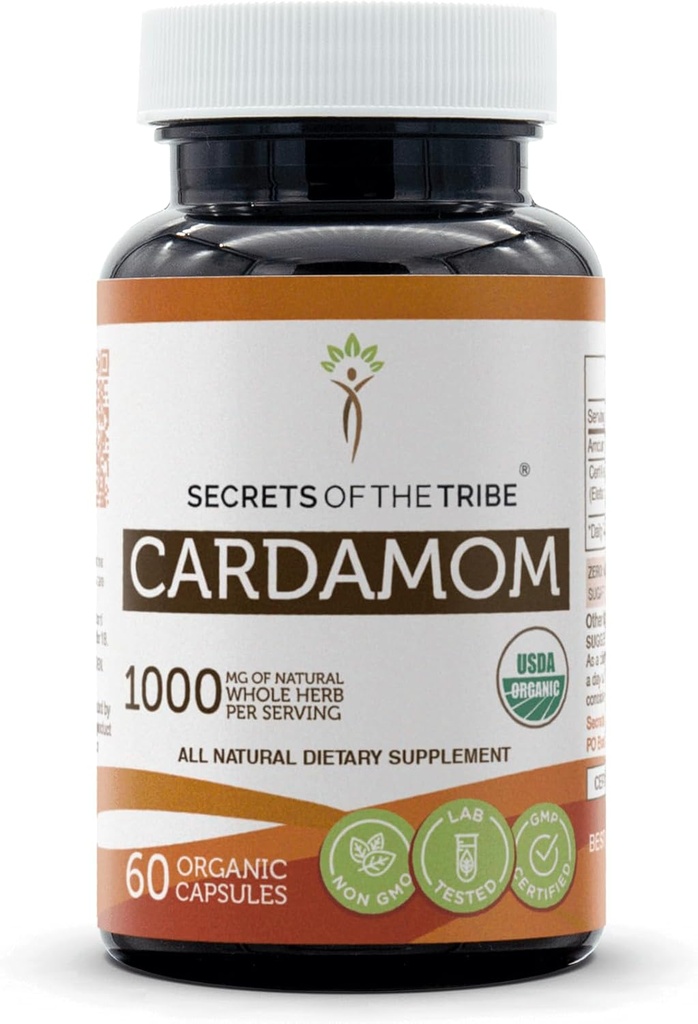 Secrets de la Tribe Cardamom 60 Capsules, faites avec des capsules végétales et USDA Organic Cardamom (Elettaria cardamomum) Pod séché (60 Capsules)
