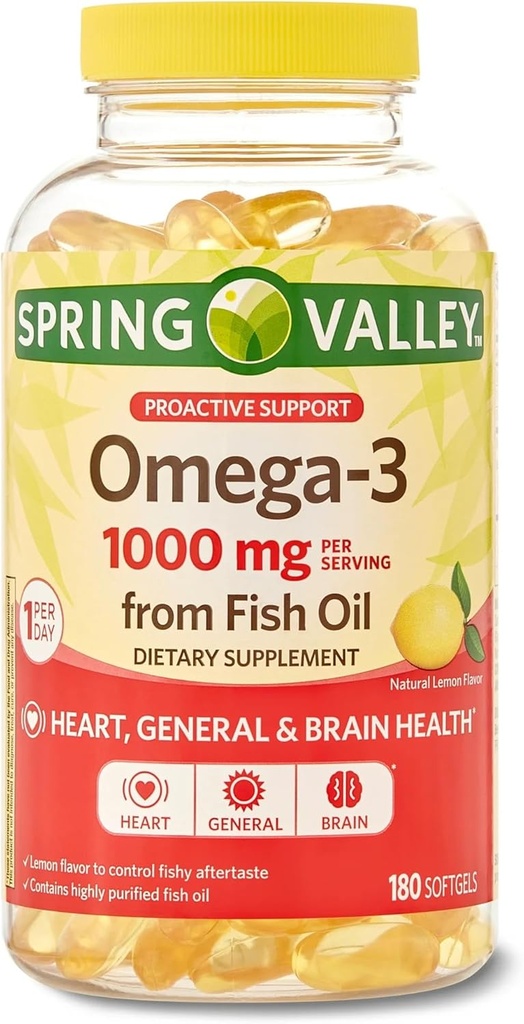Spring Valley Oméga-3 1000 mg d'huile de poisson, coeur, santé cérébrale, citron, 180 softgels
