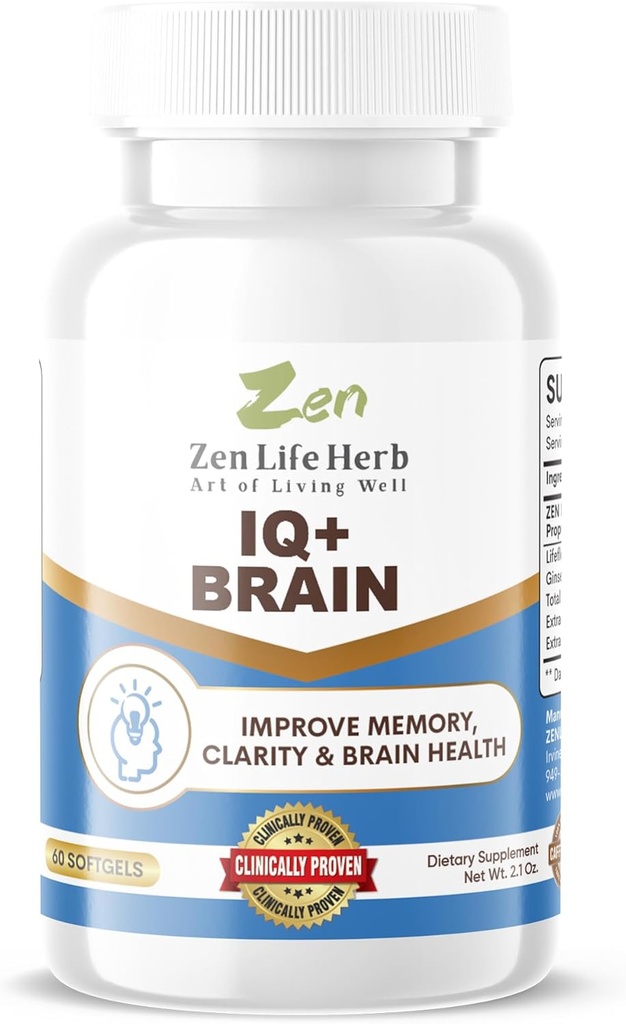 ZEN VIE HERB IQ+ Cerveau - sans caféine, concentré, concentration, mémoire et énergie testé cliniquement, supplément naturel à base de plantes, pas de vitamines/minéraux, champignons/sucre (60 softgels)