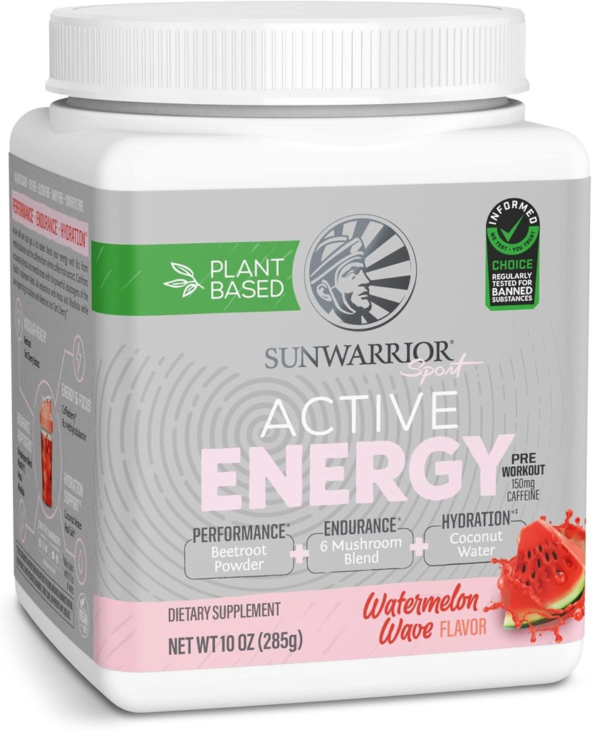 Sunwarrior Plant-Based Preworkout Poudre Hydratation Mélange de noix de coco Eau Mélange de champignons Sans soja Sans sucre Sans gluten Sans lait Sans synthétique Sans sucre