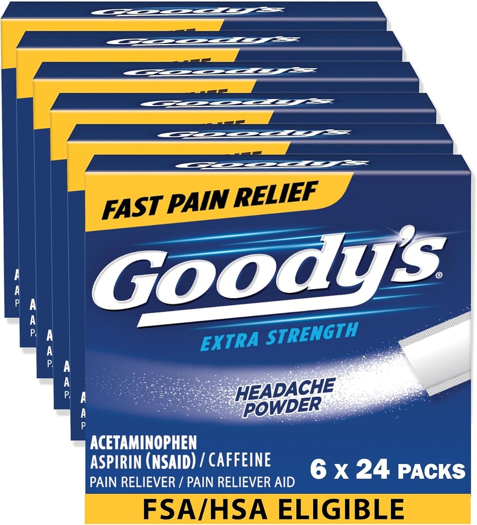 GoodyS poudre de maux de tête extra-fort douleur soulagement, triple action soulagement des maux de tête avec aspirine, acétaminophène et caféine, 24 comte, paquet de 6