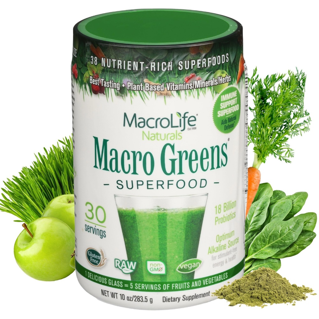 MacroLife Naturals Macro Greens Superfood Powder – 38 Superfoods avec des probiotiques, enzymes digestives et adaptogènes