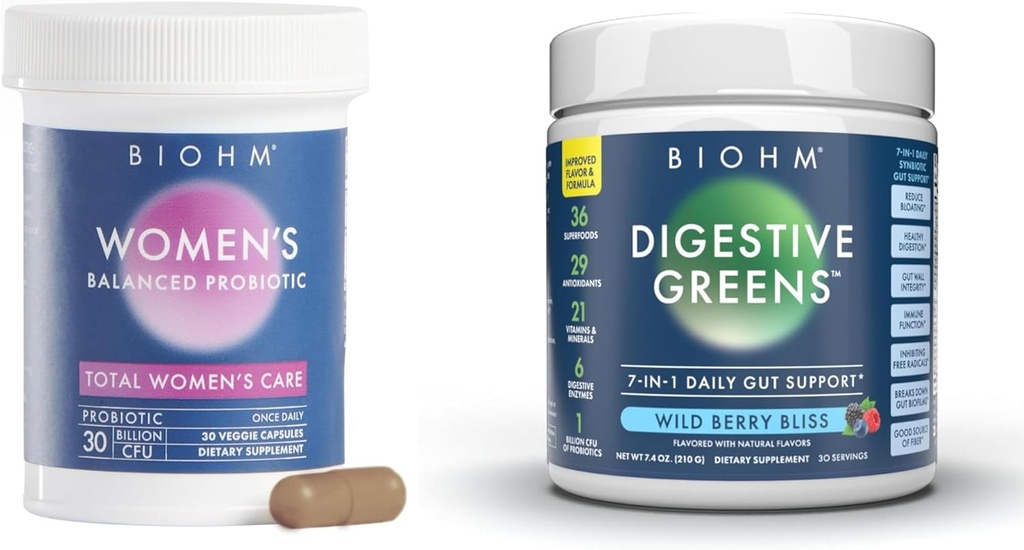 BIOHM Probiotiques pour femmes 30B CFU & Super Greens/Kids Berry Blast Bundle: Gut & Global Health Support, 9 souches, 30 jours d'approvisionnement, riche en antioxydants