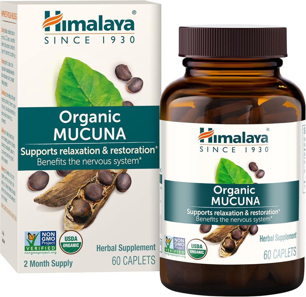Himalaya Organic Mucuna Pruriens, 60 jours d'approvisionnement - supplément à base de plantes pour calmer la relaxation de la tension et promouvoir la fonction cérébrale - végétalien, non-OGM, sans gluten, 600 mg, 60 capsules