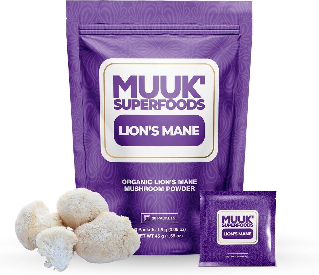 SUPERFOODS DE MUUK La poudre de champignons de la Mane du Lion biologique , Boosting Cerveau ON-The-GO Packets , fabriqué aux États-Unis 30 sachets (1,5g)