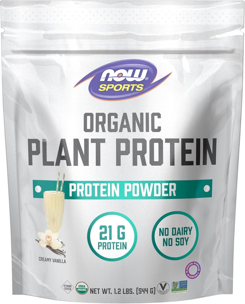 MAINTENANT Protéines végétales organiques de sport, vanille, poudre végétalienne, 1 lb.