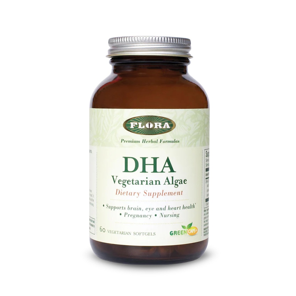 Flora - DHA Végétarien Algae GreenCaps Plus - Santé du cerveau et du coeur - Aide à la santé globale pendant la grossesse - Pour le cerveau et le système nerveux - Fournit Omega-3 - Vegan et durable - 60 softgels végétariens