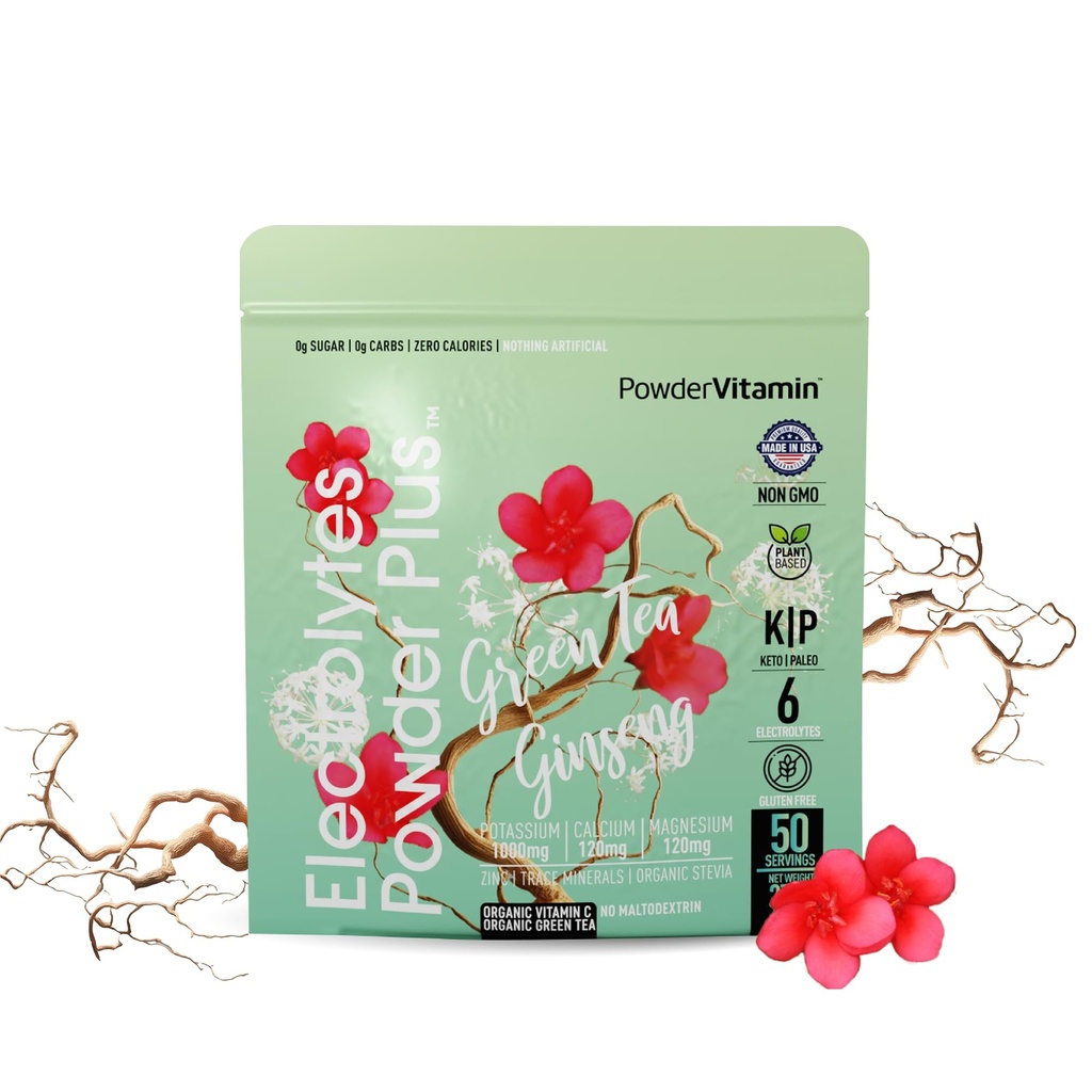 PoudreVitamine Electrolytes Poudre Plus (50 portions) Thé vert Ginseng Electrolyte Poudre Keto, Sans sucre, Sel rose d'Himalaya,1000mg Potassium,120mg Calcium,120mg Magnésium, Poudre d'hydratation