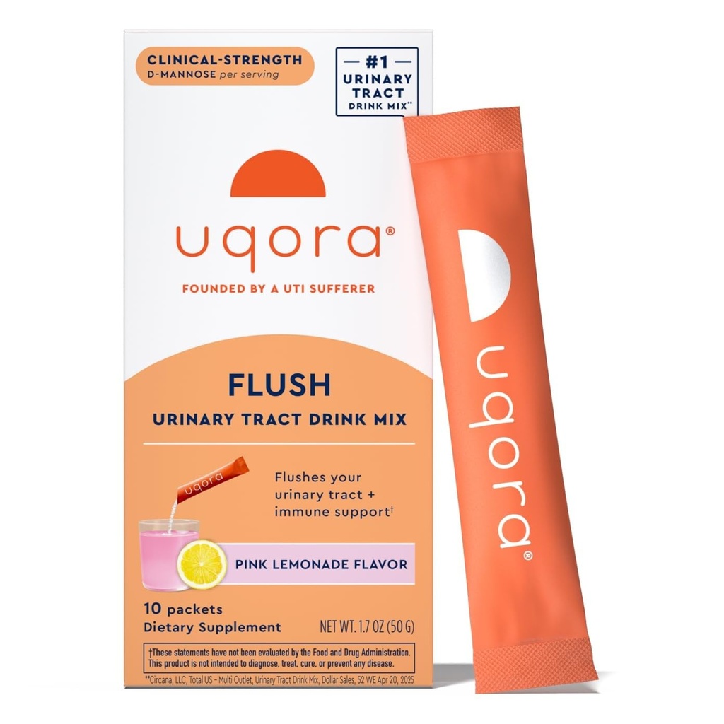 Flush Uqora - Voie urinaire* avec D-Mannose, Vitamine C, Vitamine B6, Potassium, Magnésium et Calcium - Sans gluten et végétalien - Saveur de citronnade rose - 10 paquets (1 paquet)
