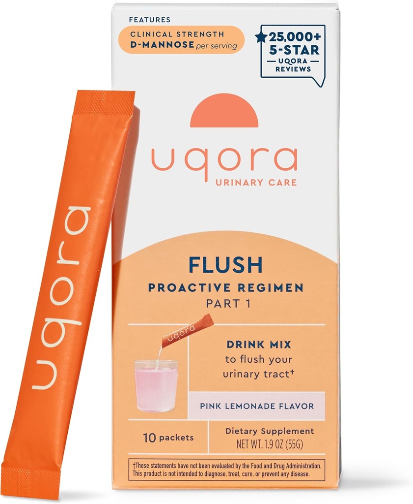 Uqora Flush - Urinary Tract* with D-Mannose, Vitamin C, Vitamin B6, Potassium, Magnesium & Calcium - Gluten-Free & Vegan - Pink Lemonade Flavor - 10 Packets (1 Pack)