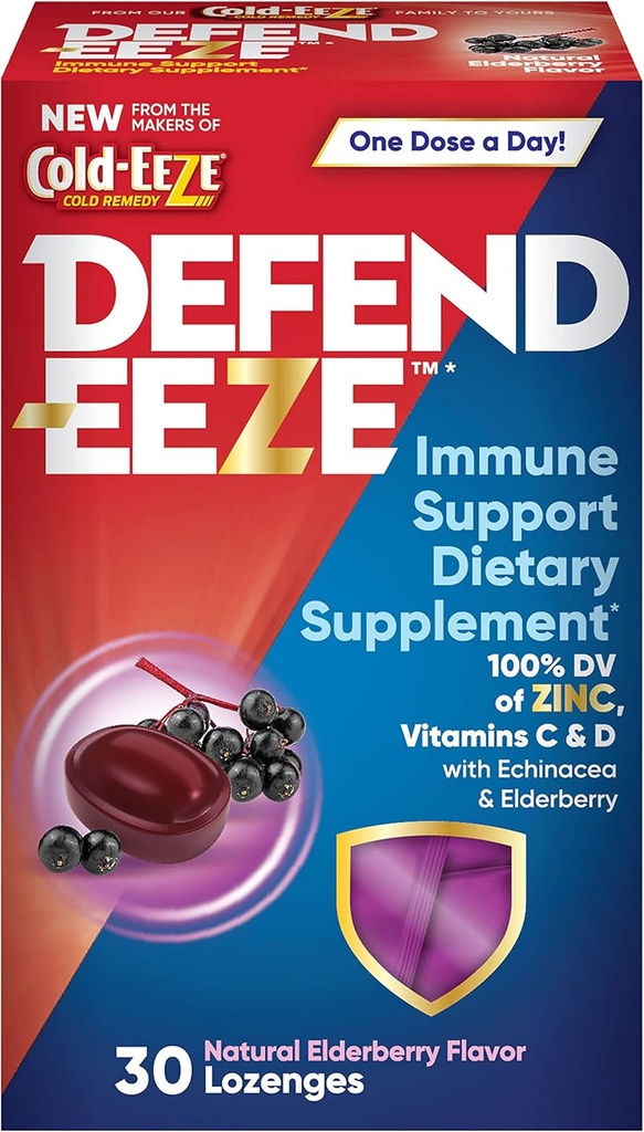 Defend-EEZE Immuni Support Dietary Supplement Lozenges, 100% de la valeur quotidienne du zinc, vitamines C & D par dose, avec Echinacea & Elderberry, Elderberry Flavor, 30 Lozenges