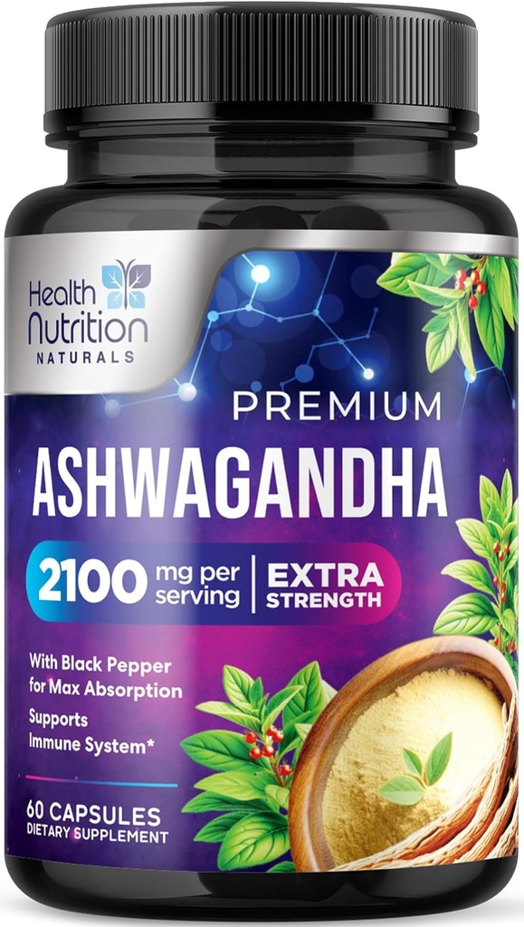 Suppléments Ashwagandha - 2100mg Ashwagandha Capsule pour les femmes et les hommes, Support antioxydant naturel, Extrait de racine Ashwa, Support calmant extra-fort avec poivre noir, végétalien et sans gluten - 60 capsules