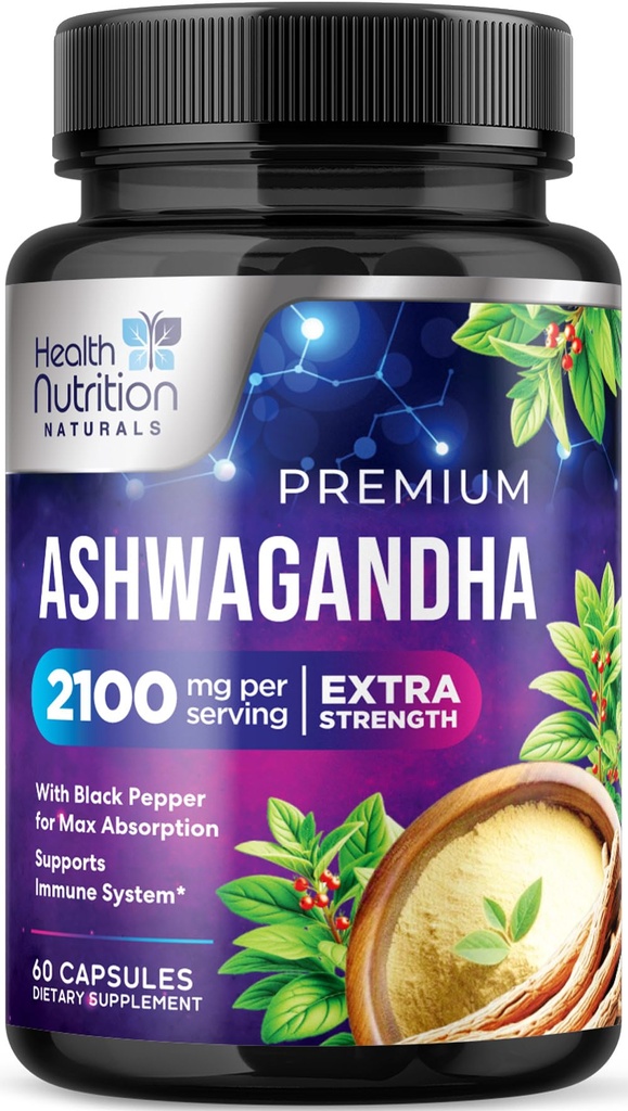 Suppléments Ashwagandha - 2100mg Ashwagandha Capsule pour les femmes et les hommes, Support antioxydant naturel, Extrait de racine Ashwa, Support calmant extra-fort avec poivre noir, végétalien et sans gluten - 60 capsules