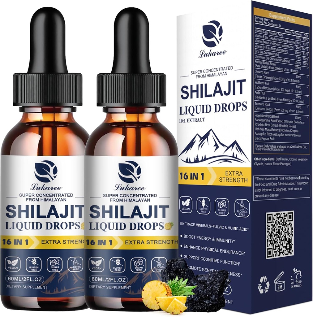 Lukaree 16-en-1 Shilajit gouttes pour les hommes et les femmes, Ashwagandha, Ginseng, Turmeric, Rhodiola, Amla, Moss de mer, supplément de vitamine liquide avec 85+ Minéraux traces et acide fulvic, 2 FL Oz (2 pack)