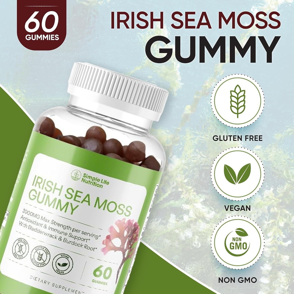 Gummées de mousse de mer d'Irlande biologique - Mélange naturel de racines et de bradderwrack de bardage - Nettoyant et supplément thyroïdien du système immunitaire - Santé de la peau et des ongles - 60CT