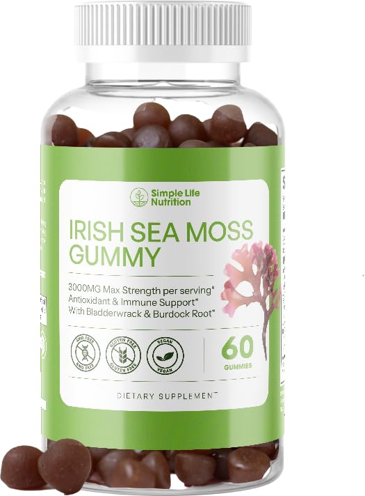 Organic Irish Sea Moss Gummies - Burdock Root and Bladderwrack Natural Blend - Immune System Gut Cleanse & Thyroid Supplement - Skin and Nail Health - 60CT