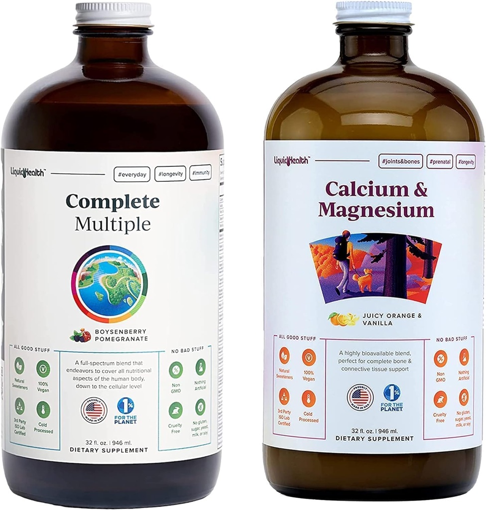 LIQUIDHEALTH Multivitamines et Calcium et Magnésium Liquid Vitamine Bundle complètes pour adultes - Santé du corps entier, système immunitaire, os et soutien interarmées - aliments entiers, végétalien, non-OGM, États-Unis Fabriqué