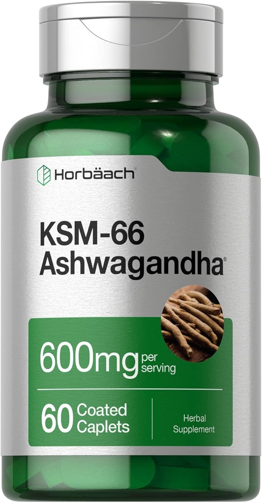 Horbäach KSM-66 Ashwagandha Supplément Caplets de 600 mg 60 pilules avec L-Theanine pour les femmes et les hommes