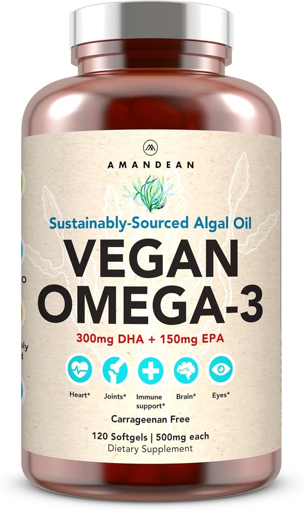 Supplément d'AMANDEAN Vegan Omega 3. Huile de poisson de qualité supérieure. Algae DHA & EPA. Moutons sans carrageenan. Acides gras essentiels alcalins. Cœur à base de plantes, cerveau, yeux, peau, soutien immunitaire. (120ct)