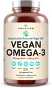 Supplément d'AMANDEAN Vegan Omega 3. Huile de poisson de qualité supérieure. Algae DHA & EPA. Moutons sans carrageenan. Acides gras essentiels alcalins. Cœur à base de plantes, cerveau, yeux, peau, soutien immunitaire. (120ct)