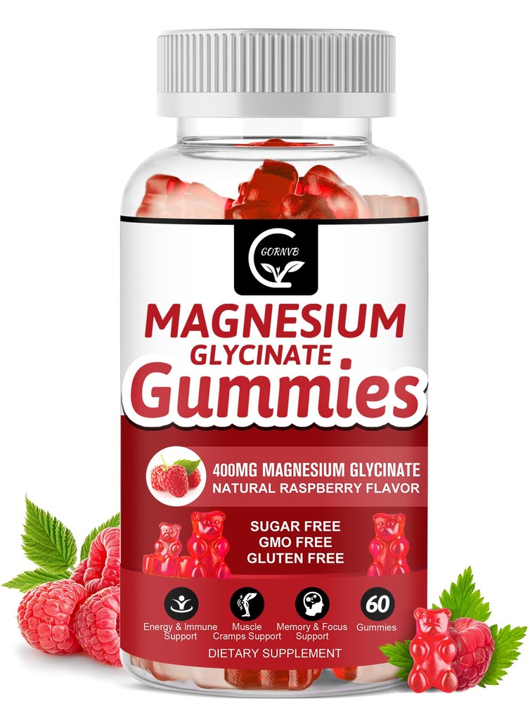 Gommies de Glycinat de magnésium 400mg, supplément de potassium Mg avec complexe de malate de magnésium chélaté, vitamine D, B6 et CoQ10, supports pour la mémoire, calme, l'humeur et le sommeil - 60 Compte (paquet de 1)