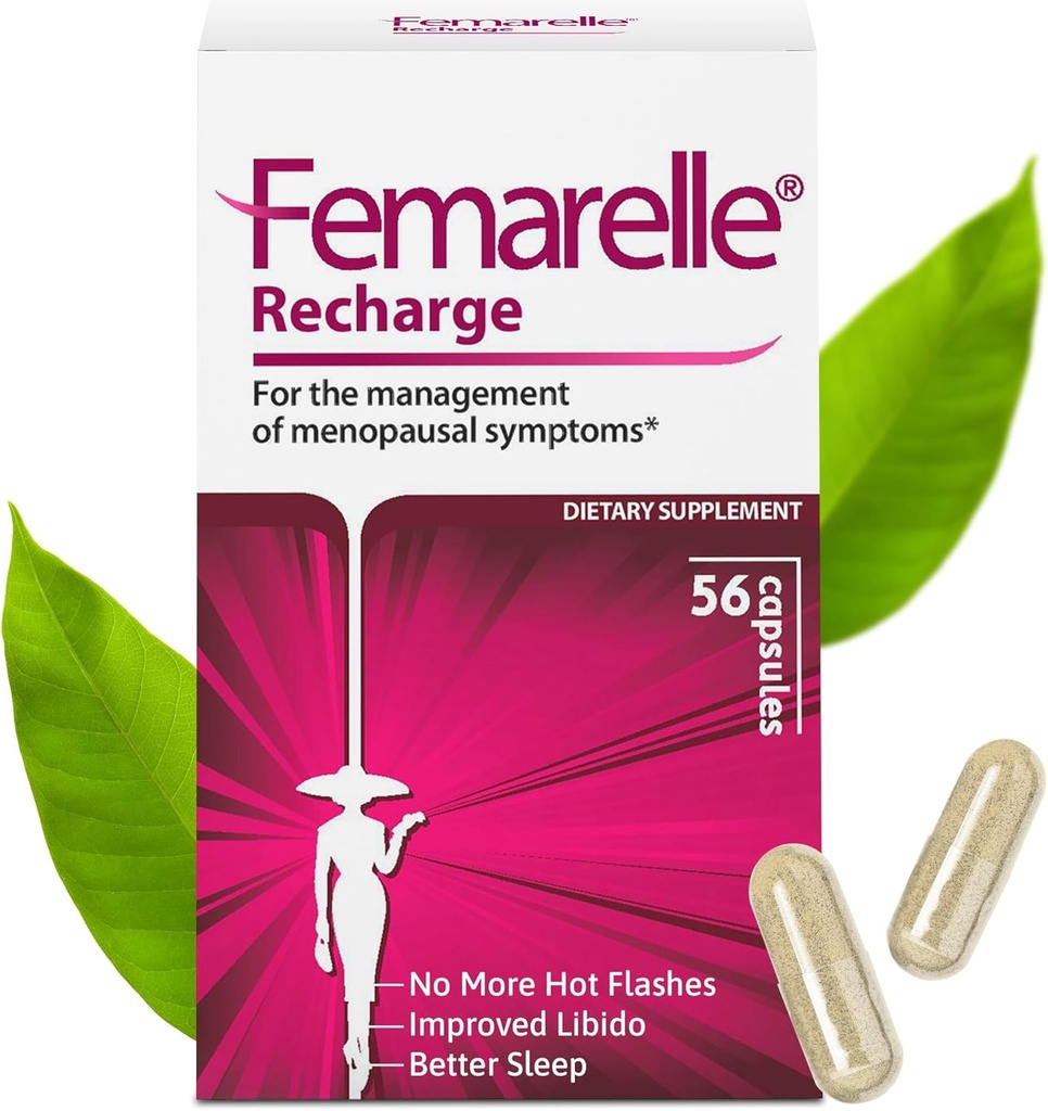 Femarelle® Recharge – Supplément à la ménopause pour les femmes - Relief à la ménopause éprouvée cliniquement - Flashs chauds, sueurs de nuit, sommeil et soutien à la libido en moins du 1er mois, sans gluten, sans OGM et sans hormones