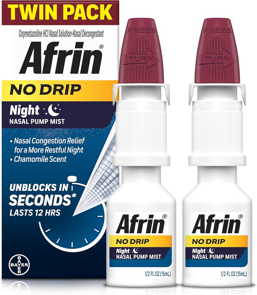 AFRIN No Drip Night Nasal Mist Twin Pack, non somnolent, cognac à action rapide pour dormir repos avec Camomile Scent, adultes et enfants 6 et plus, .5 fl oz (paquet de 2)