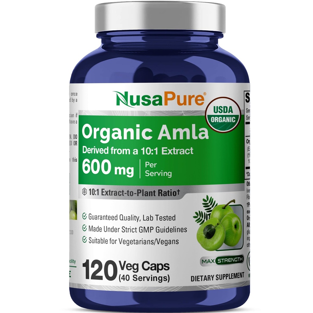 NusaPure Organic Amla Capsules 10:1 Extrait, 600 mg Équivalent à 6 000mg.