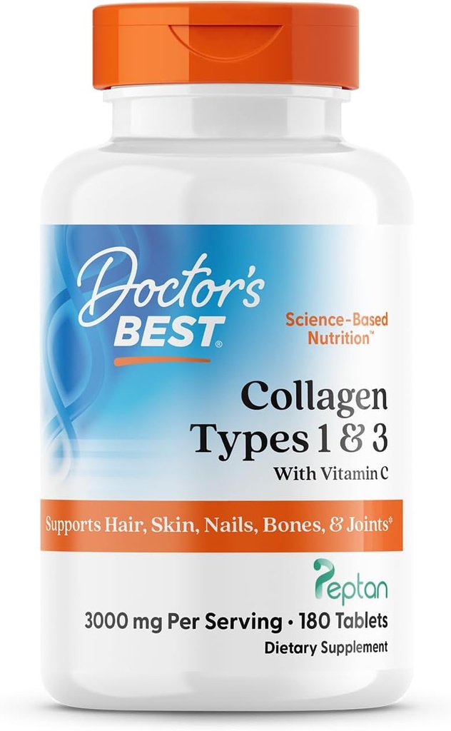 Meilleurs collagènes de docteur de types 1 et 3 avec Peptan, non-OGM, sans gluten, sans soja, soutient cheveux, peau, ongles, Tendons et os, 1000 mg, 180 comprimés