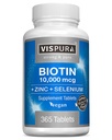 Biotine 10000 mcg + zinc + sélénium, pur, végétalien et extra fort, meilleur supplément pour la croissance des cheveux, peau glamour, ongles forts*, 365 comprimés pendant 12 mois, naturels sans additifs